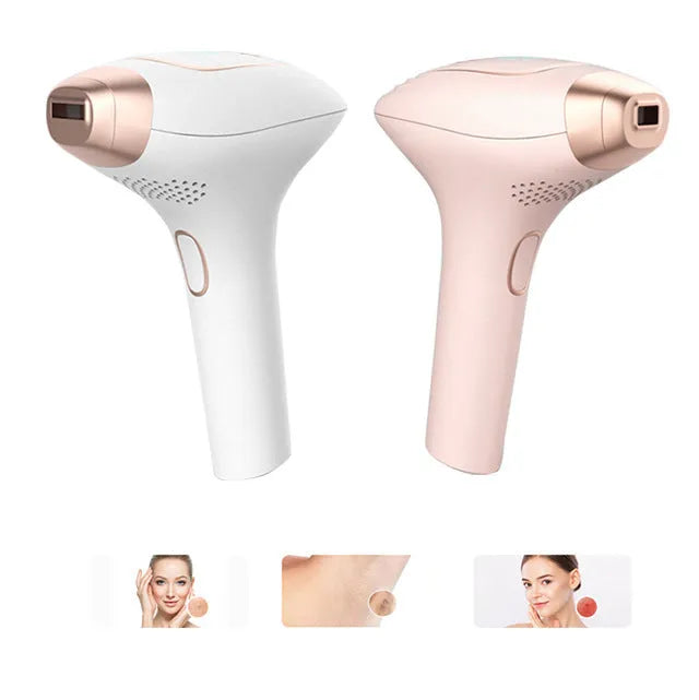Pink and white three-in-one ice-sensing laser hair removal device with shaver attachment on white background