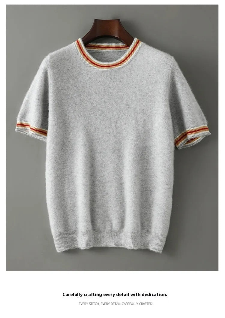 Men's short sleeve pure wool sweater in round neck pullover style shown in grey