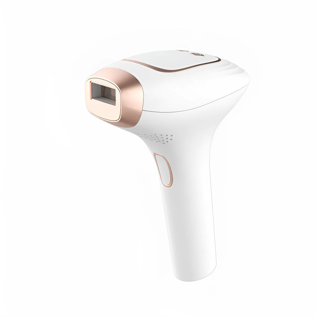 Pink and white three-in-one ice-sensing laser hair removal device with shaver attachment on white background
