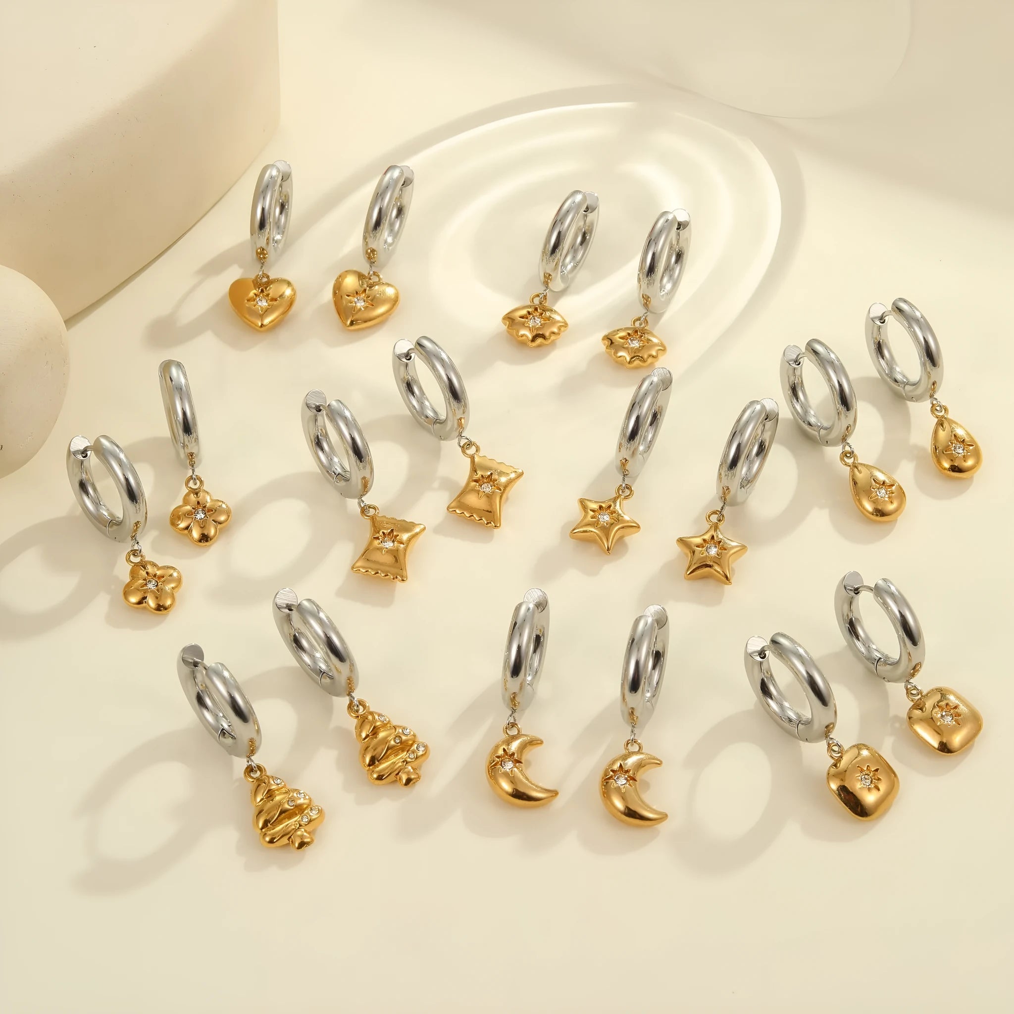 Stainless steel Christmas tree heart earrings with 18K gold electroplated finish