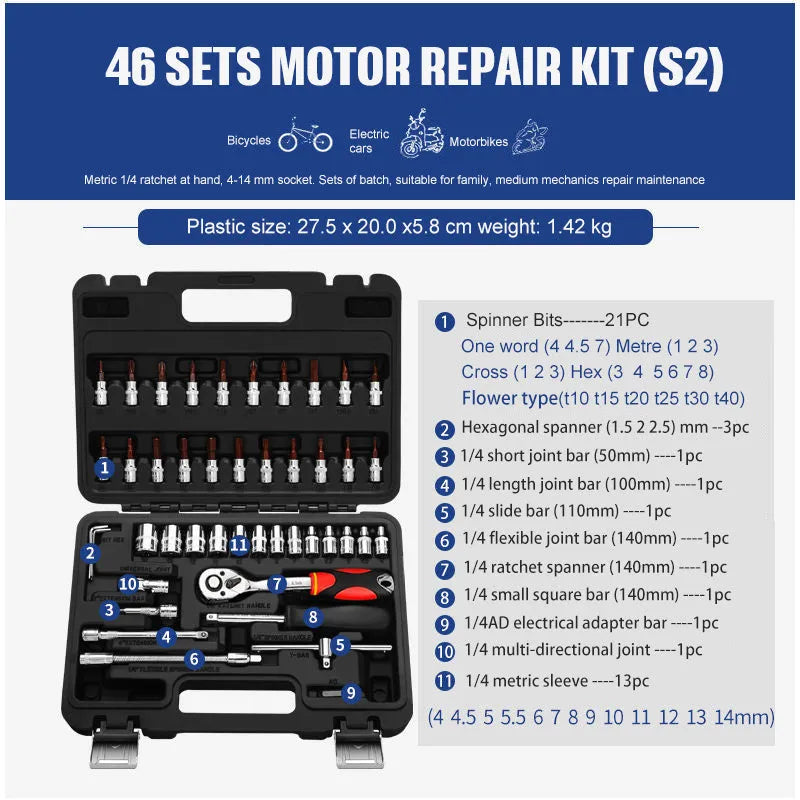 Chrome vanadium steel socket ratchet wrench set in a storage box for home and auto repair.