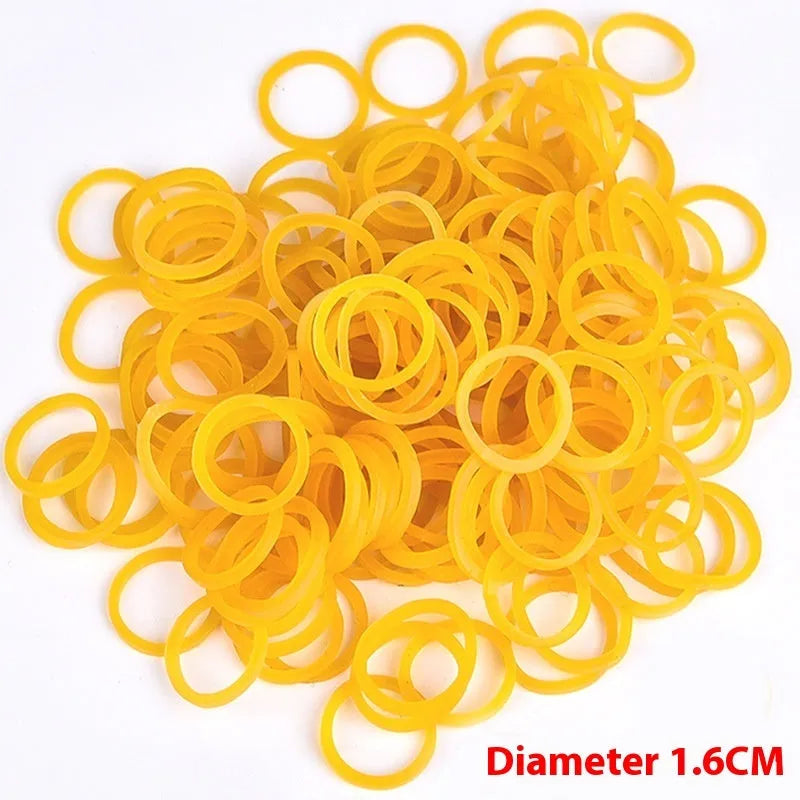 500g pack of assorted size yellow rubber bands on a white background.