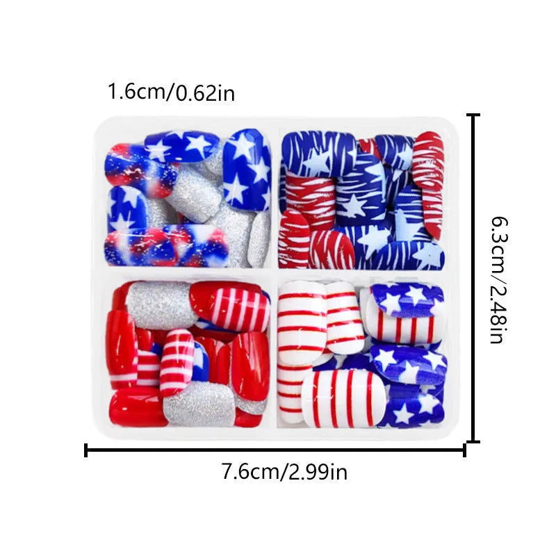 Red, white and blue glitter artificial nail tips with patriotic design in short almond shape