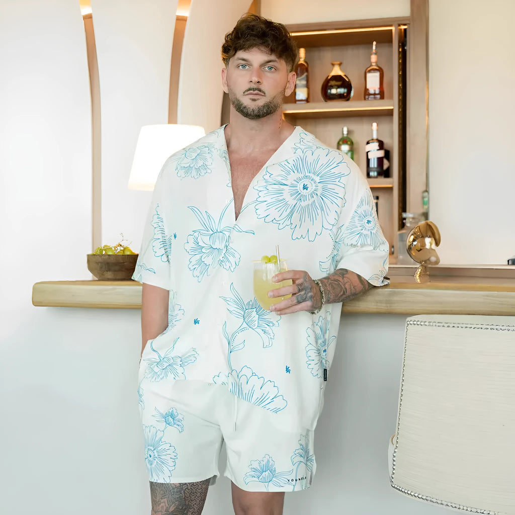 Men's printed casual top with flower pattern, loose cardigan style, and short sleeves in elastic polyester fabric