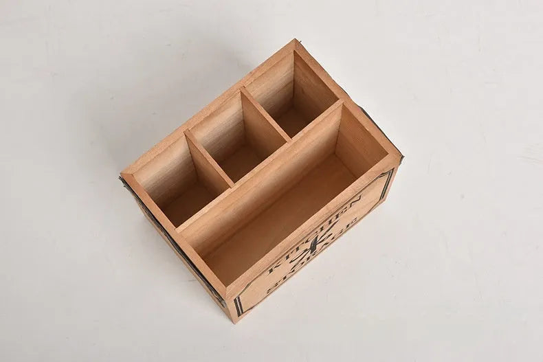 Wooden kitchen storage box with grid dividers for knives forks chopsticks