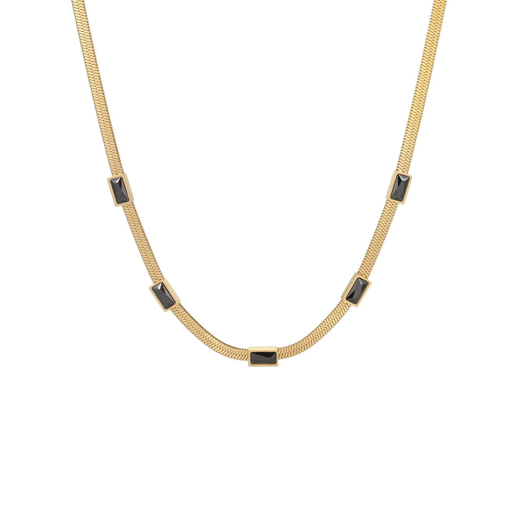 Geometric square zircon stainless steel necklace with flat snake chain in gold or steel colour