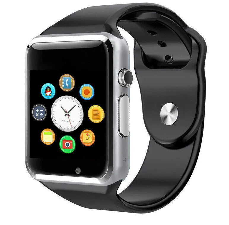 A1 Smart Watch with 1.54 inch touchscreen display showing interface, GSM SIM slot, and camera lens