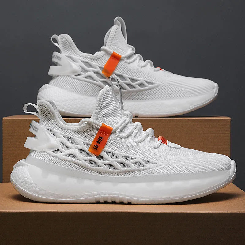 Men's white mesh platform sneakers with flat rubber sole and front lace-up closure