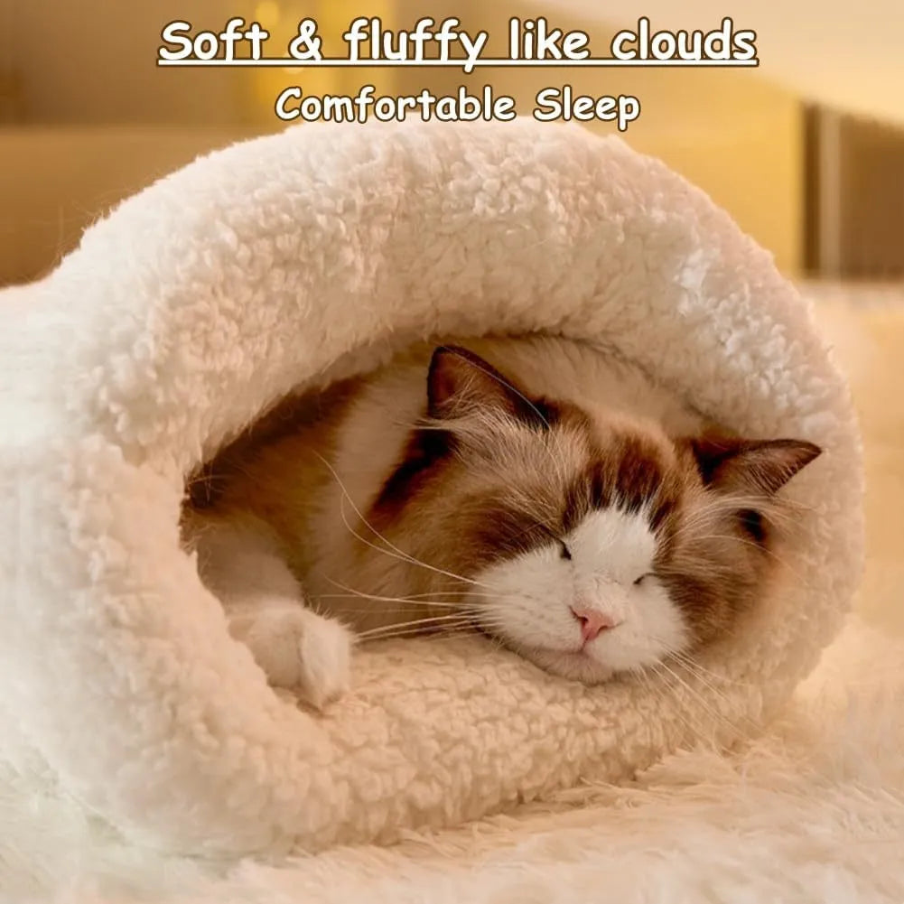 Cat sleeping bag in blue plush fabric with semi-enclosed tunnel design for indoor cats
