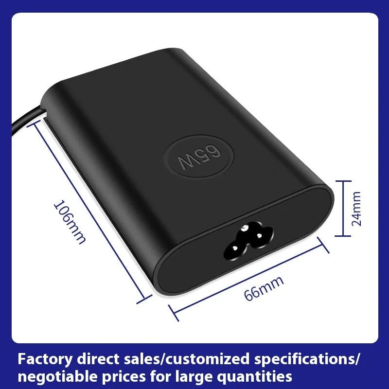 Black 65W Type-C laptop power adapter with multiple international power cords for UK US EU AU and ZA plugs.