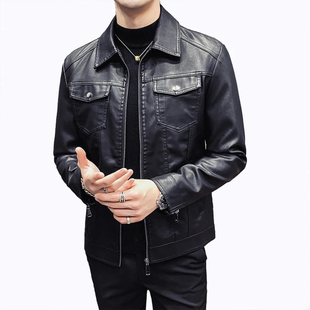 Men's quilted PU leather jacket with short length, side pockets, on a hanger