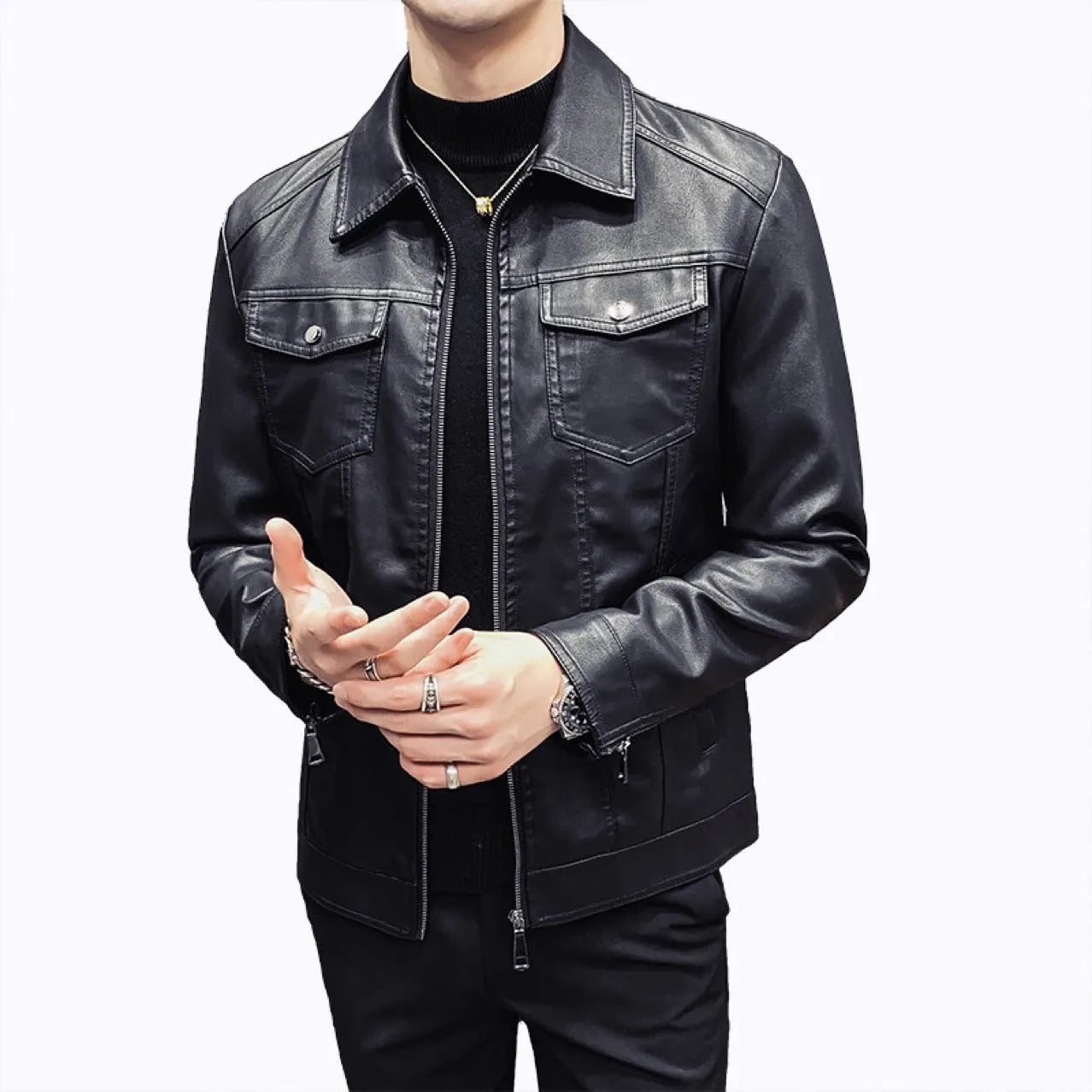 Men's quilted PU leather jacket with short length, side pockets, on a hanger