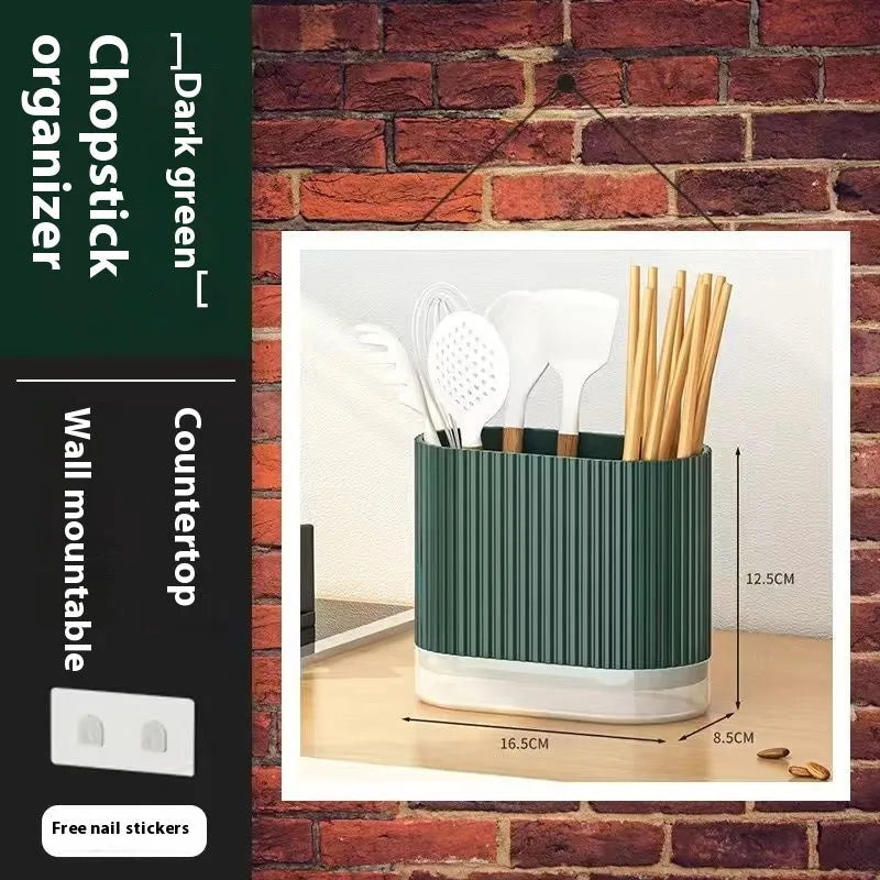 Plastic wall-mounted chopsticks tube and spoon basket organiser in beige, dark green, or orange.