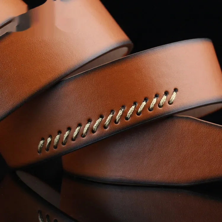 Men's threading casual belt with alloy pin buckle in black colour showing retro pattern design