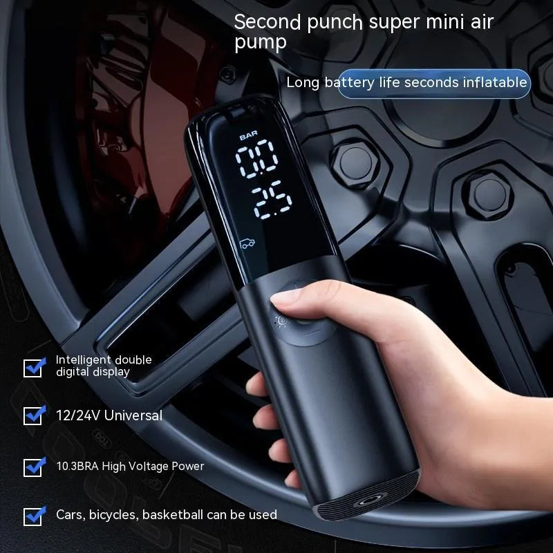 Black portable electric vehicle air pump with integrated pressure gauge and ABS construction