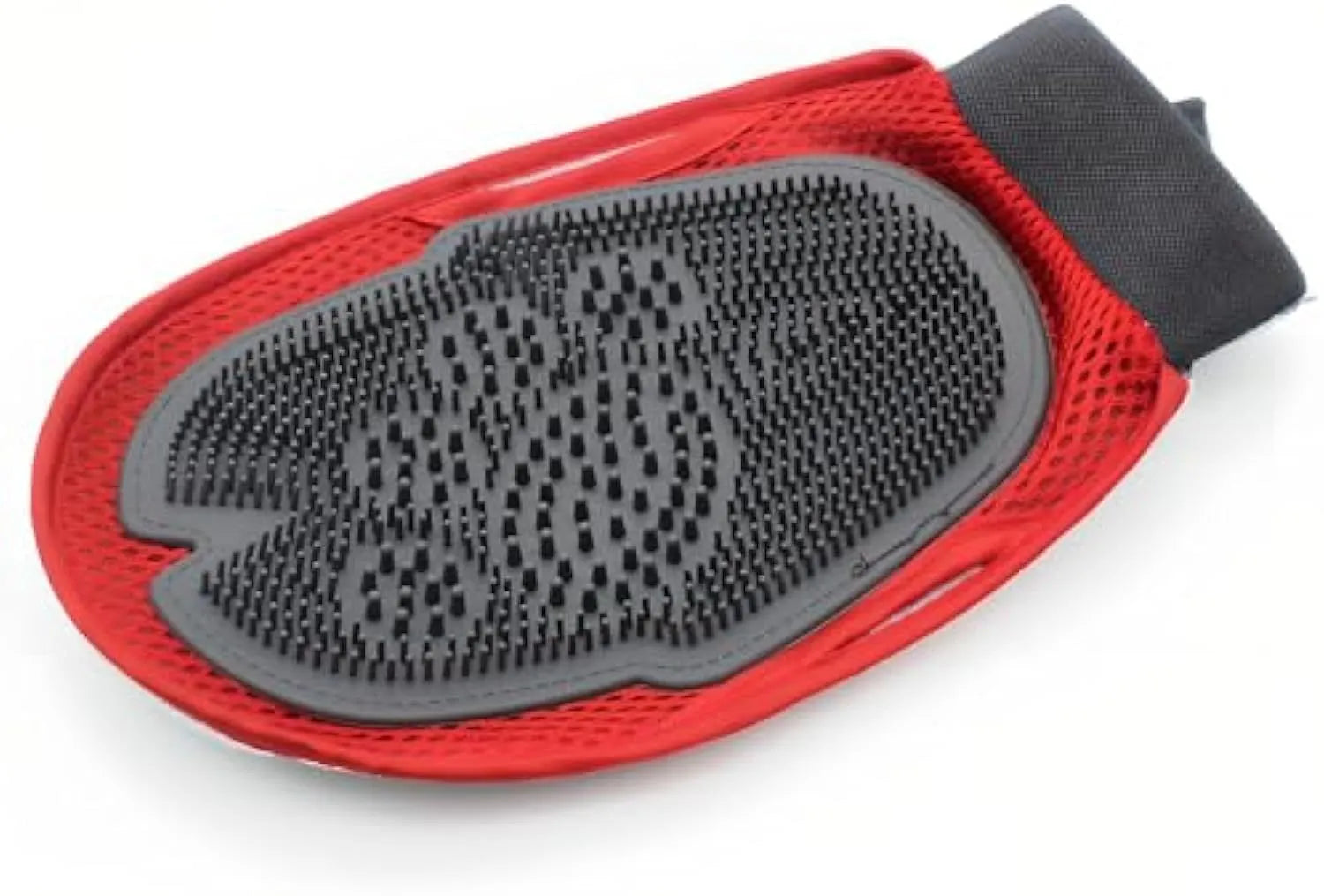 Red pet bathing glove with integrated brush for grooming and hair removal during bathing