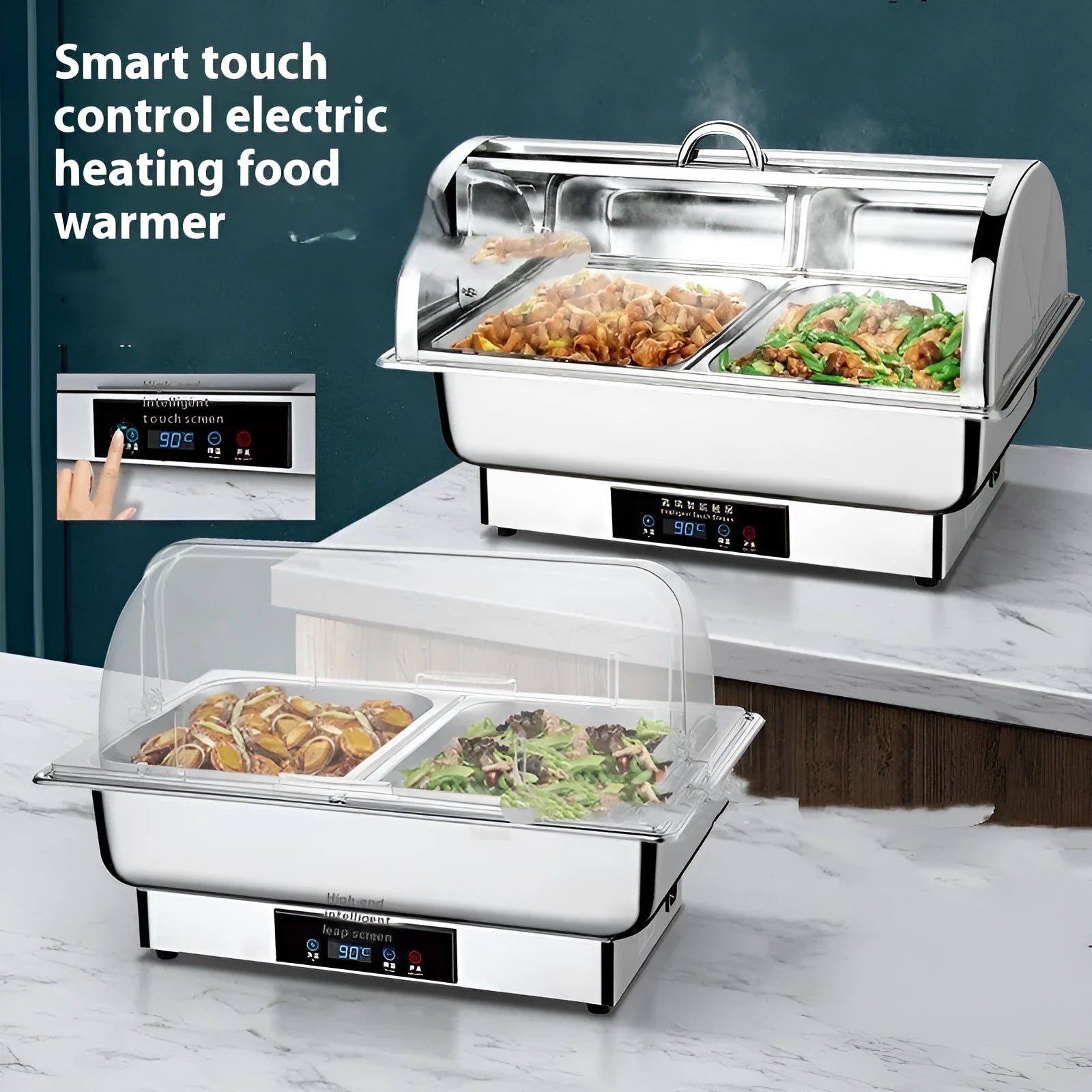 Stainless steel electric buffet food warmer with LCD screen and transparent flip-up lid