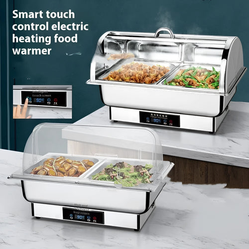 Stainless steel electric buffet food warmer with LCD screen and transparent flip-up lid