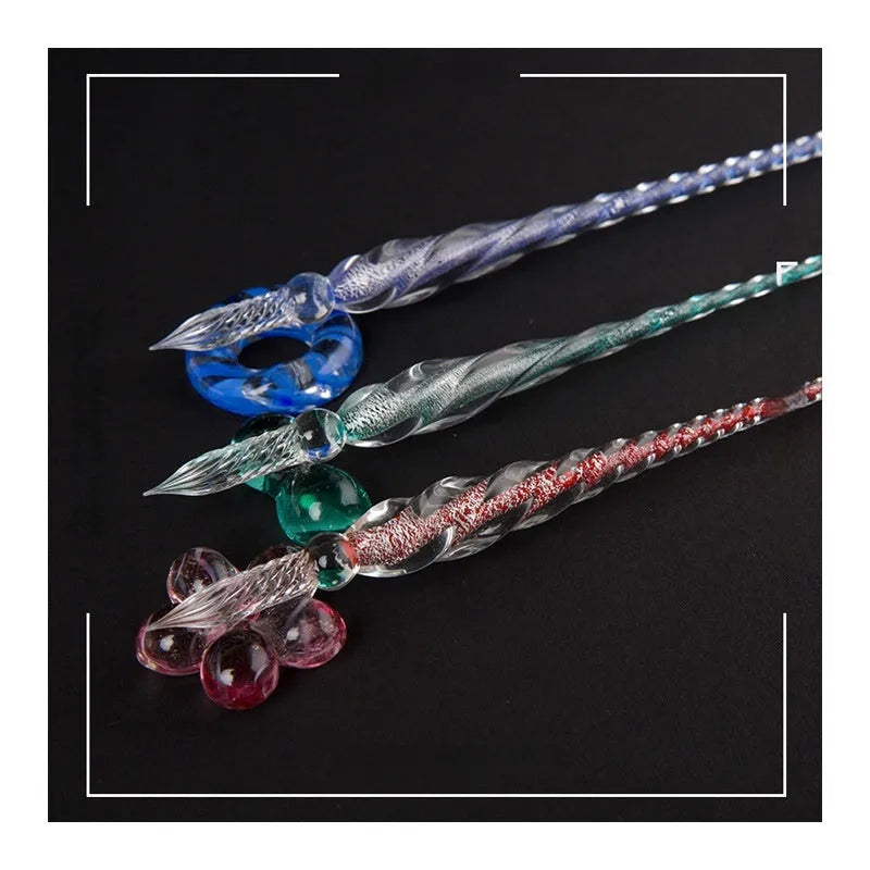 Transparent hand-blown glass crystal pen with coloured ink art effect in choice of 13 colours.