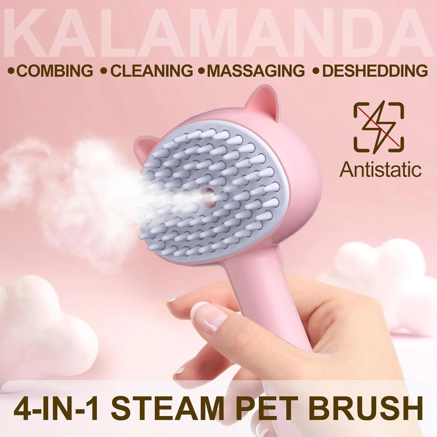 Cat ear-shaped steam brush with soft rubber bristles and release button in blue colour
