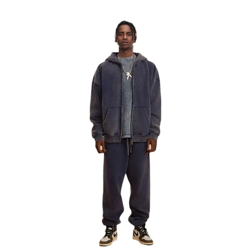 Men's vintage wash cotton hooded cardigan with fleece lining and a double front zipper.