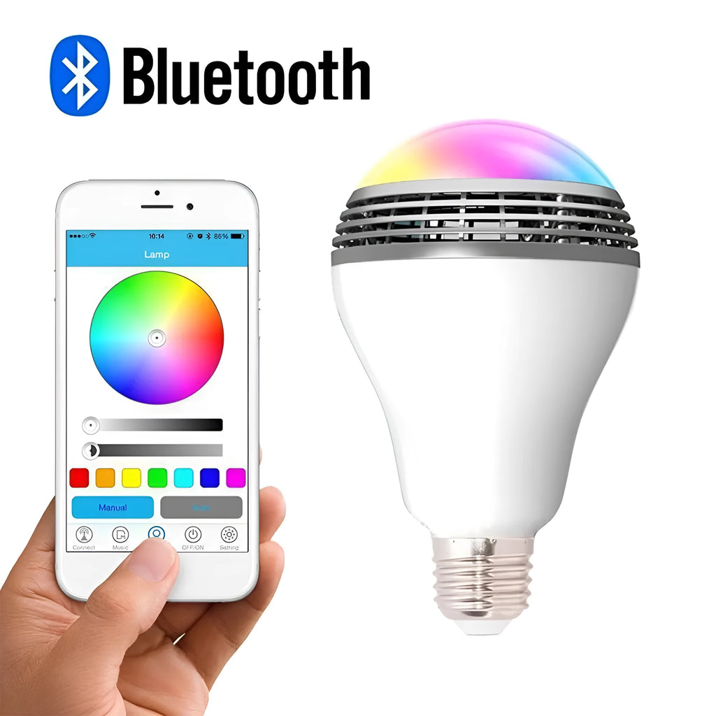 Smart LED E27 bulb with Bluetooth speaker inside, showing RGB colour changing light