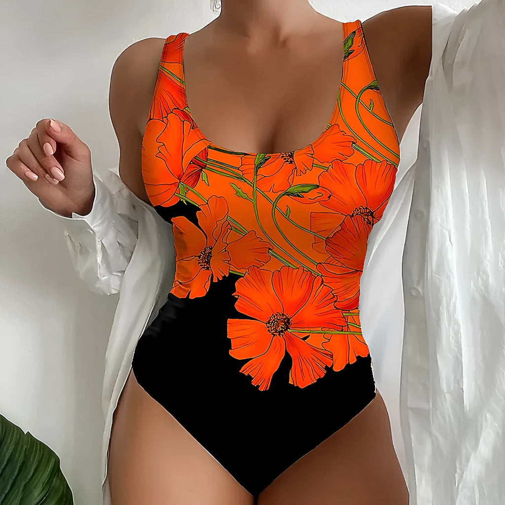 Orange floral print backless one-piece swimsuit laid flat, showing slim fit and polyester material.