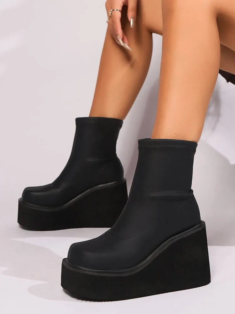 Plus size black wedge ankle boots with waterproof platform sole and cotton lining