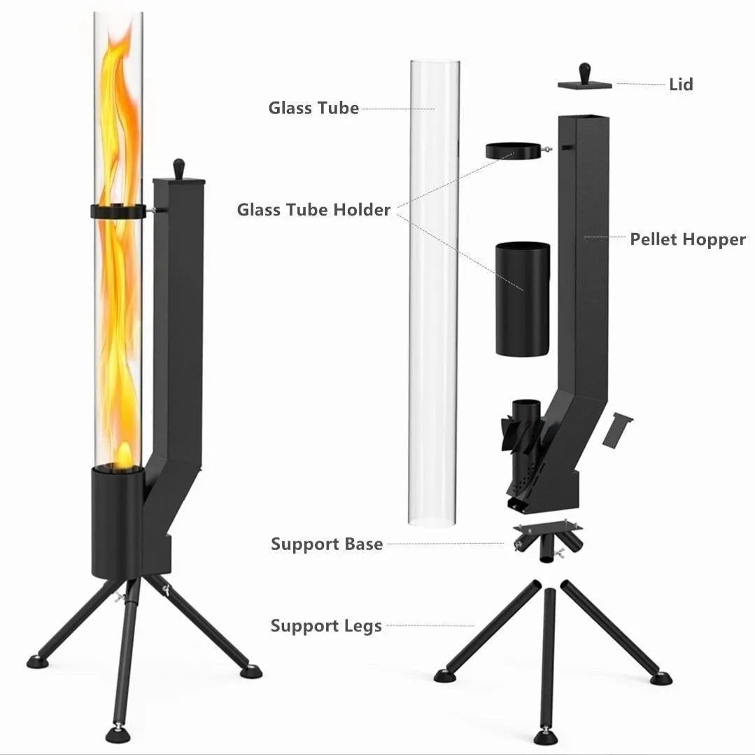 Vertical cast iron wood burning rocket furnace heating stove for courtyard or patio use.