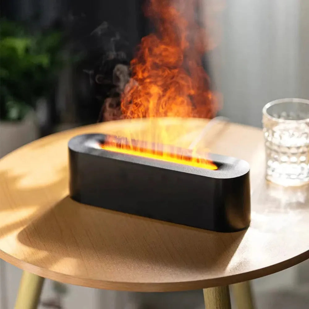 Square desktop humidifier with colourful lava lamp flame lighting effect and mist output
