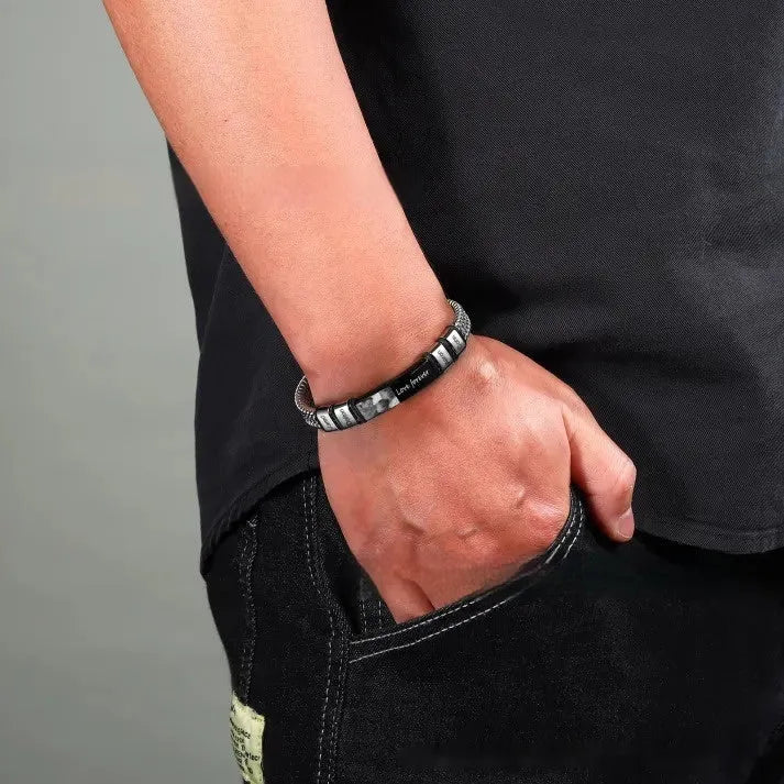 Men's titanium steel and leather rope lettering bracelet with heart-shaped design and multiple bead style options.