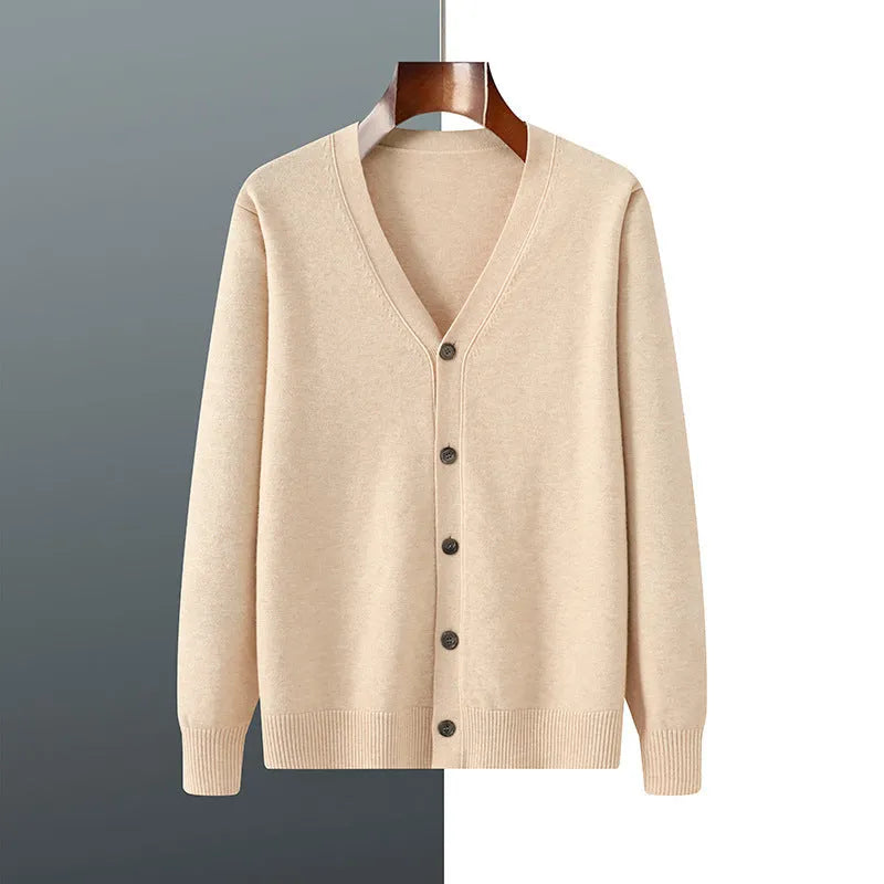 Men's V-neck cardigan coat in Andy velvet fabric showing loose fit and long sleeve design