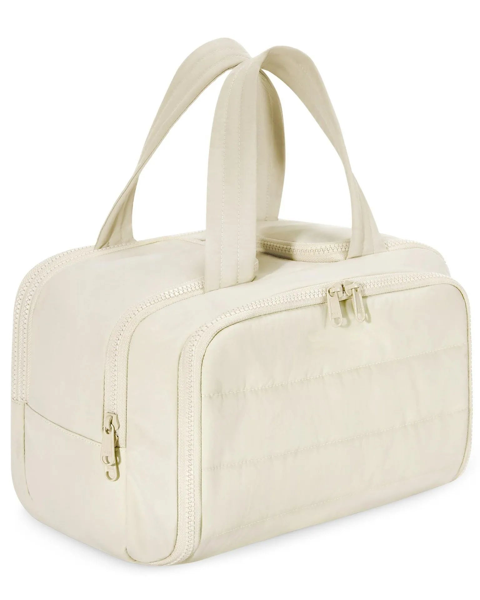 Large lightweight travel toiletry bag in black with wide opening, showing fluffy polyester material.