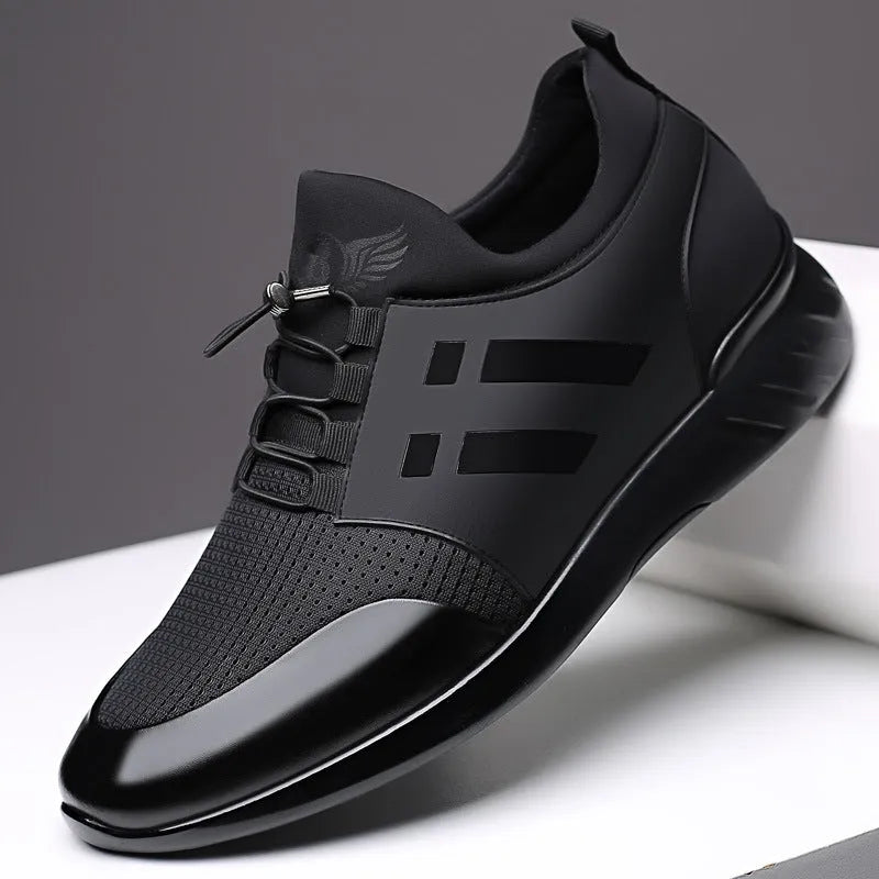 Men's black casual height increase shoes with chunky rubber sole, shown in leather, mesh, and Lycra upper options.