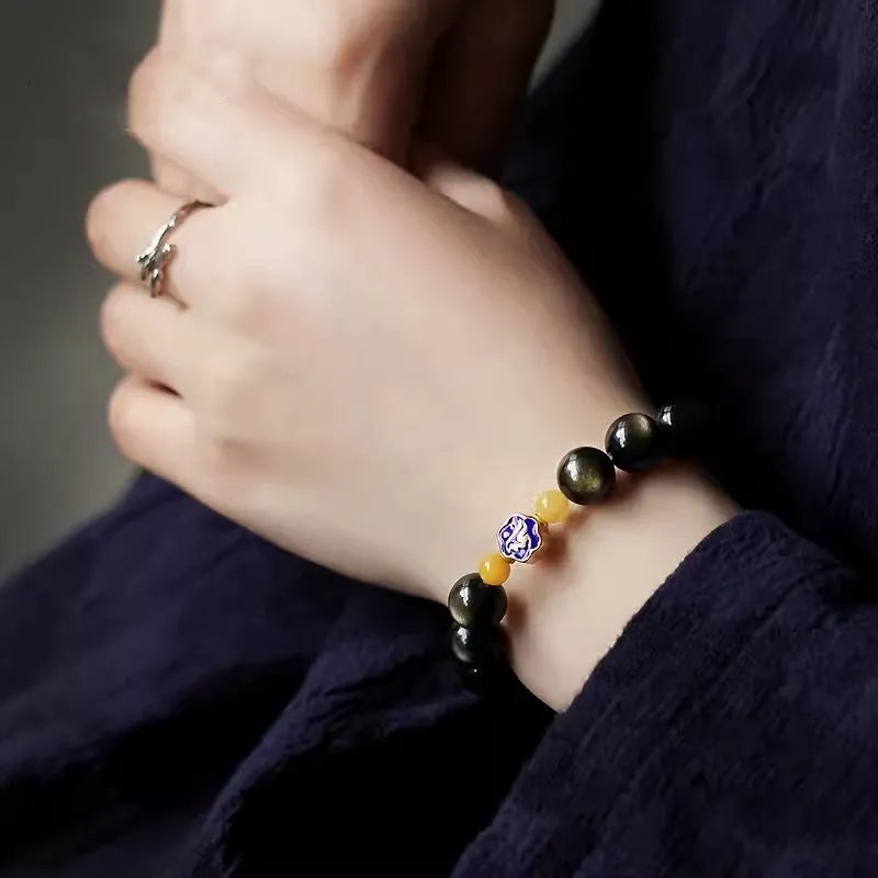 Natural golden obsidian ethnic style bracelet with 10mm geometric beads
