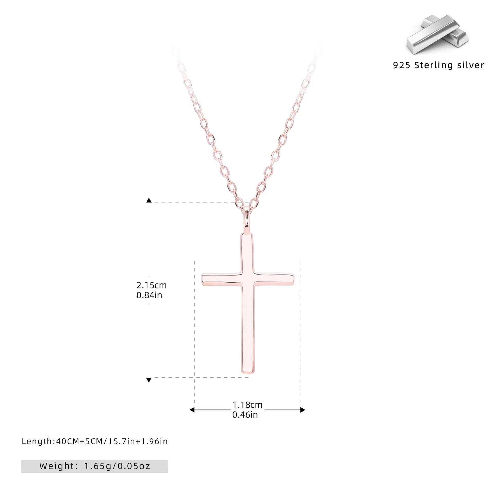 Sterling silver necklace with glossy cross pendant on O-shaped chain, adjustable length