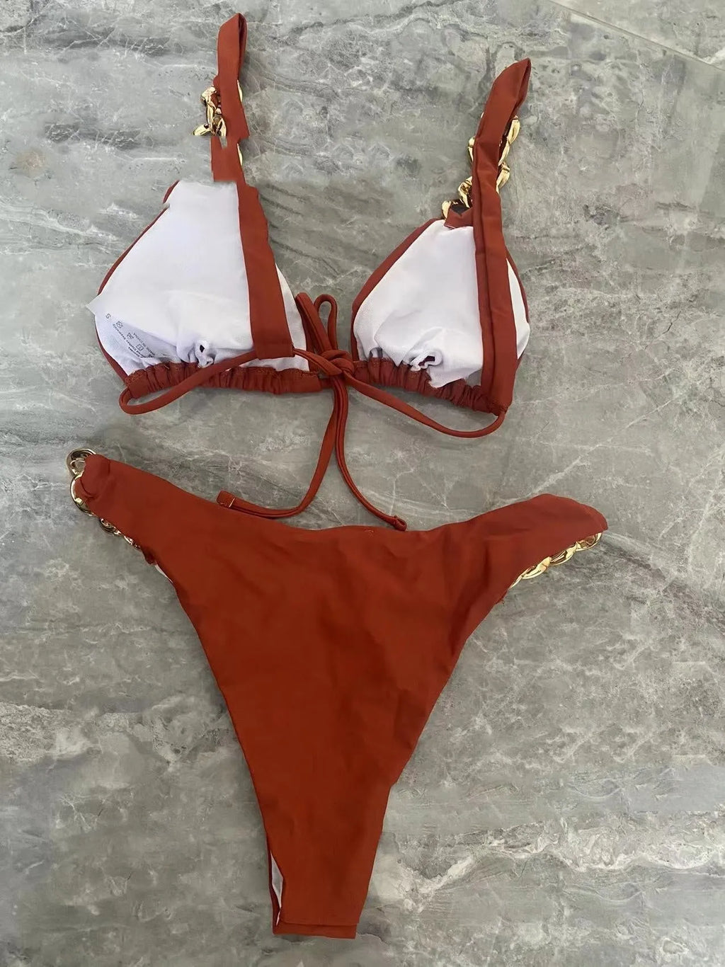 Brown women's tube-top push-up bikini swimsuit with ring tether detail