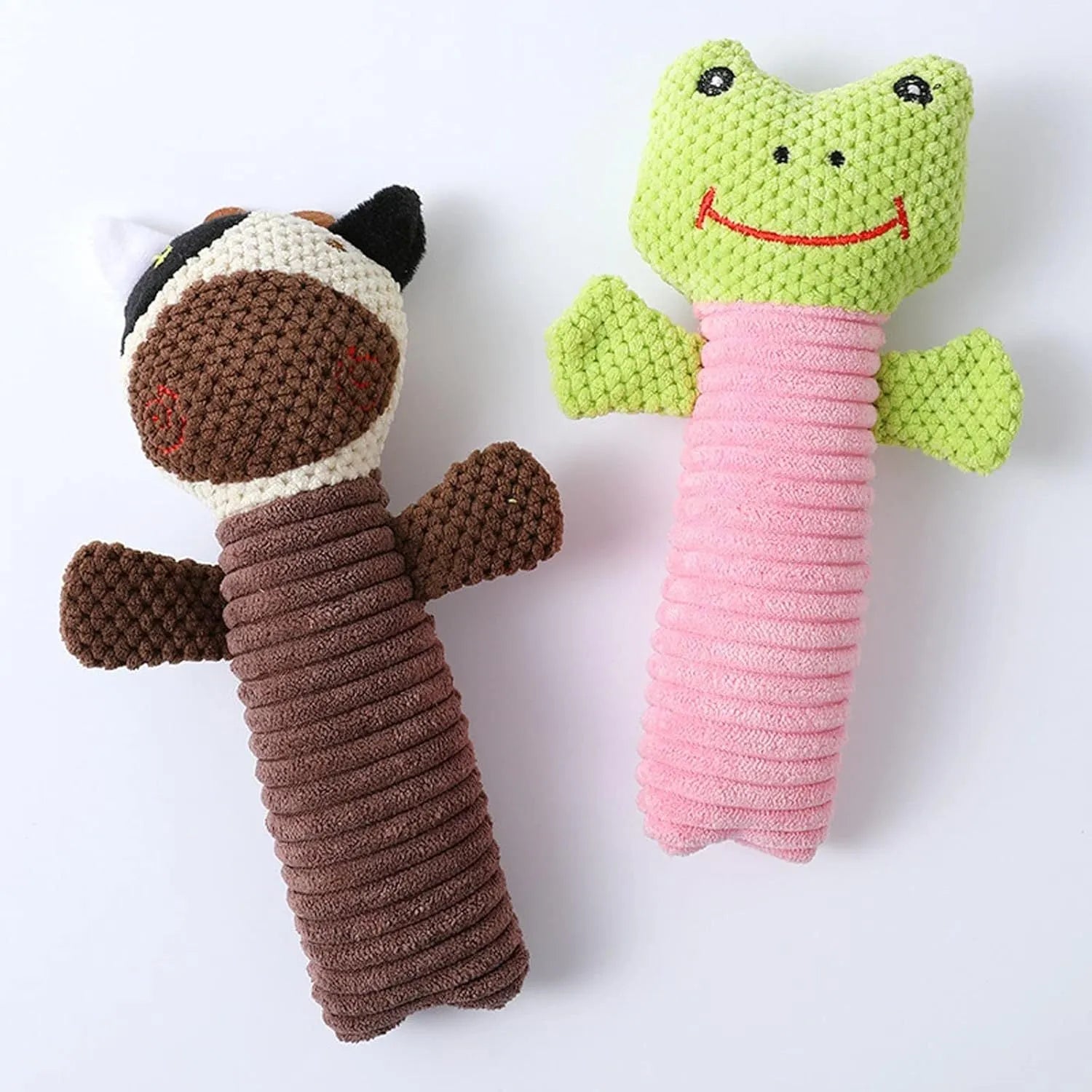 Plush dog squeaky chew toy in animal shape measuring 19cm long