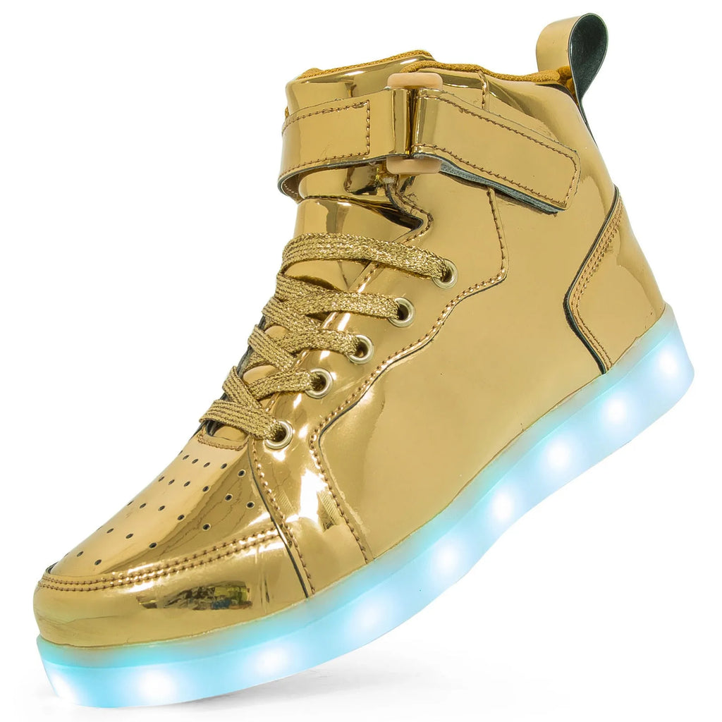 Pair of black high-top sneakers with illuminated LED lights and Velcro strap.