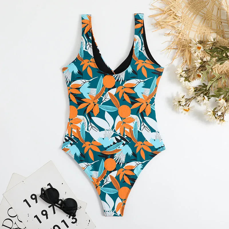 Women's high waist one-piece bikini in printed pattern with quick-dry polyester fabric