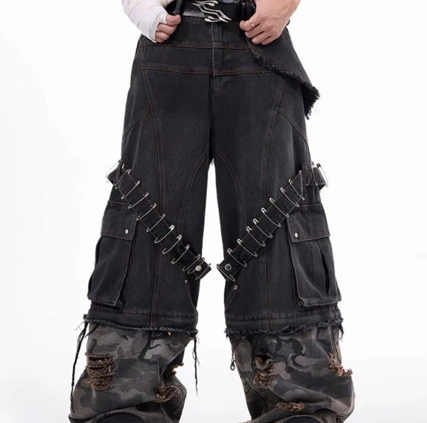 Grey men's camouflage print jeans with structural splicing and ribbon detailing on cotton denim.