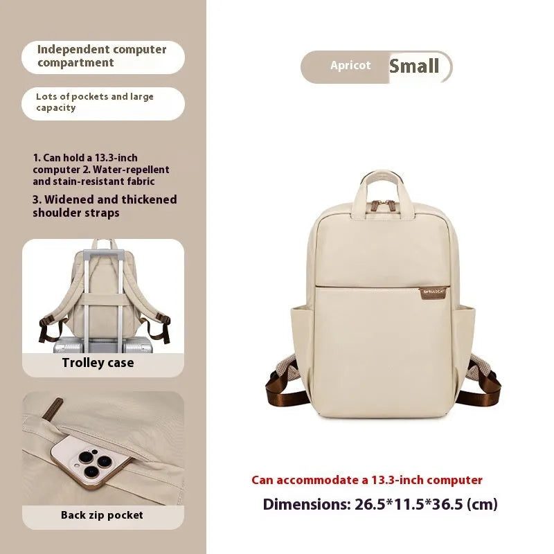 Simple canvas women's travel backpack in apricot colour with multiple compartments and sandwich pocket