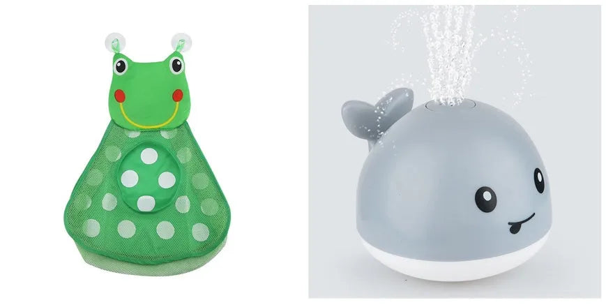 Whale-shaped electric bath toy spraying water with flashing lights, on a blue base.