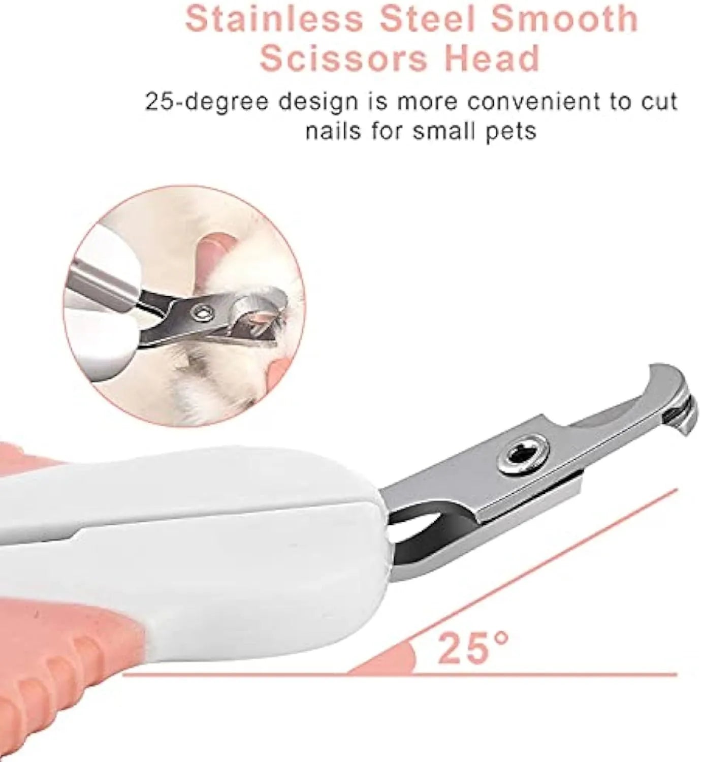 Grey and pink pet nail clippers with angled blade and safety lock for cats and small animals.