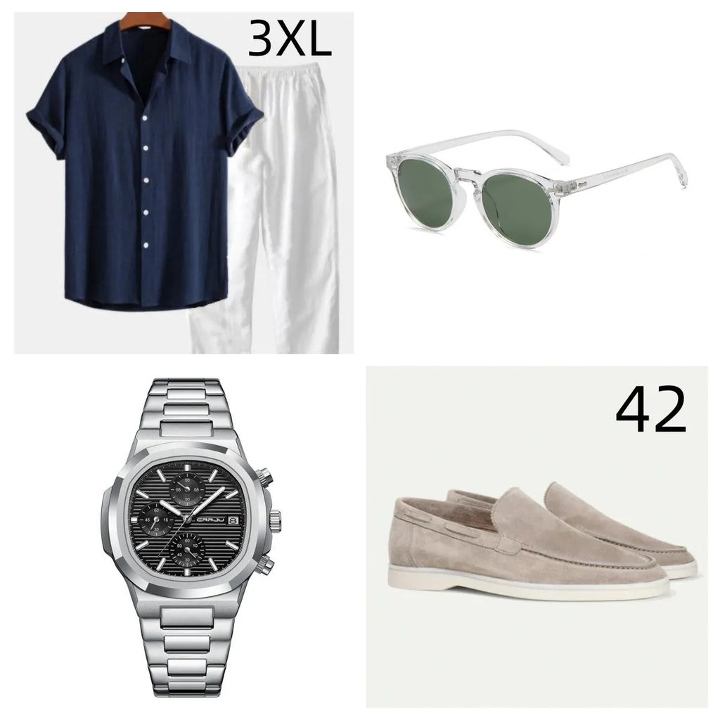 Men's casual cotton linen beachwear set with short sleeve shirt, matching shorts, and accessories including glasses, shoes, and watch