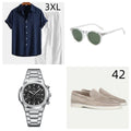 Men's casual cotton linen beachwear set with short sleeve shirt, matching shorts, and accessories including glasses, shoes, and watch