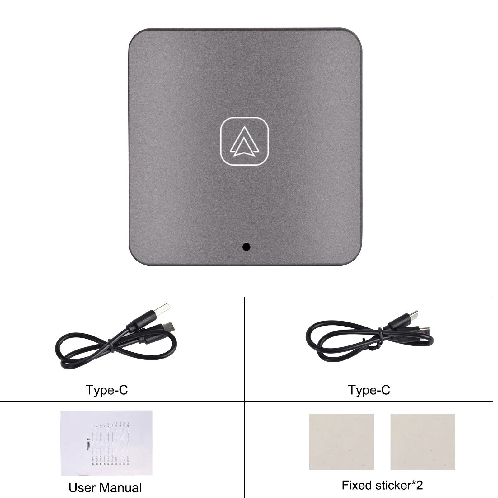 Black wireless CarPlay adapter module with cables for converting wired CarPlay to wireless connectivity