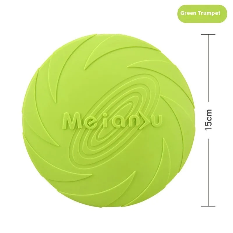 Soft rubber dog frisbee in red, blue, or green colours in small, medium, or large sizes