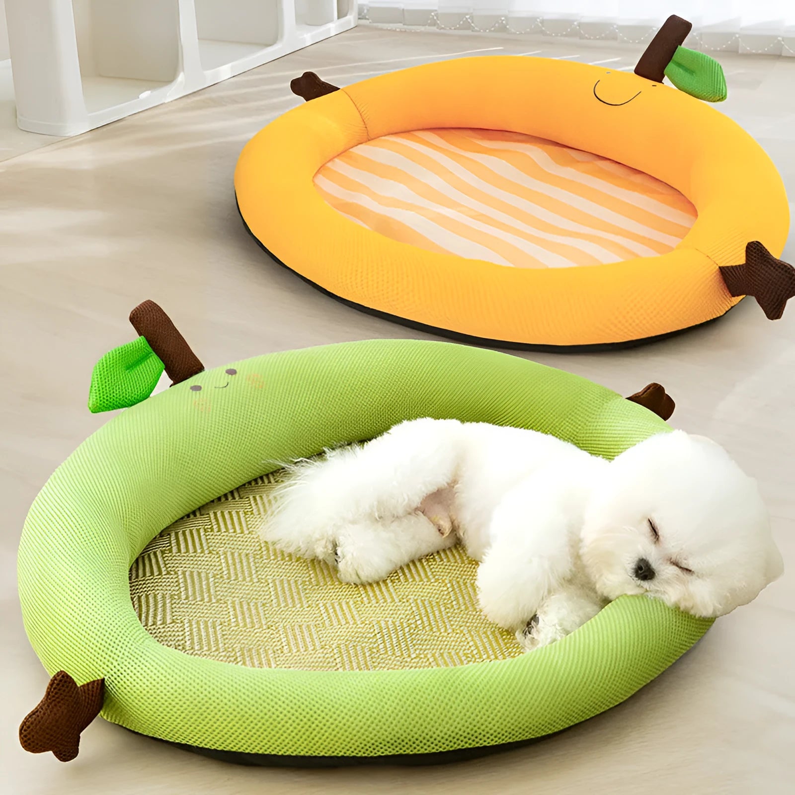 Green fruit-themed pet cooling mat nest with backrest for dogs and cats