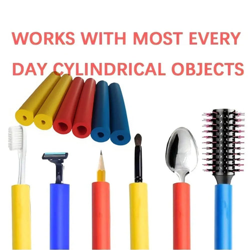 Pack of black rubber auxiliary grip hoses for utensil and pen handles, showing inner diameter sizes.